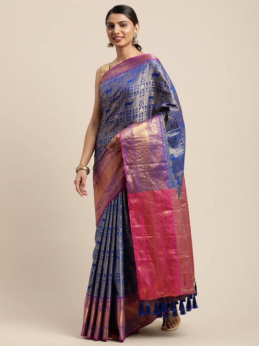 Banarasi Kanchi Ethnic Zari Motif Royal Blue Colour Festive Wear Saree