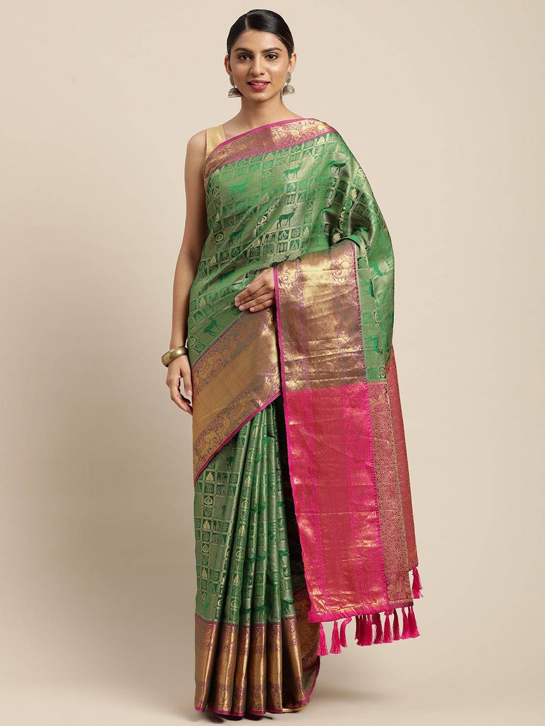 Banarasi Kanchi Ethnic Zari Motif Green Colour Festive Wear Saree