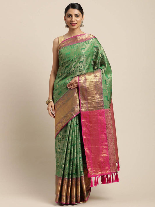 Banarasi Kanchi Ethnic Zari Motif Green Colour Festive Wear Saree