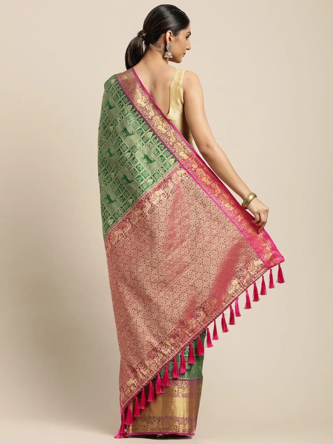Banarasi Kanchi Ethnic Zari Motif Green Colour Festive Wear Saree