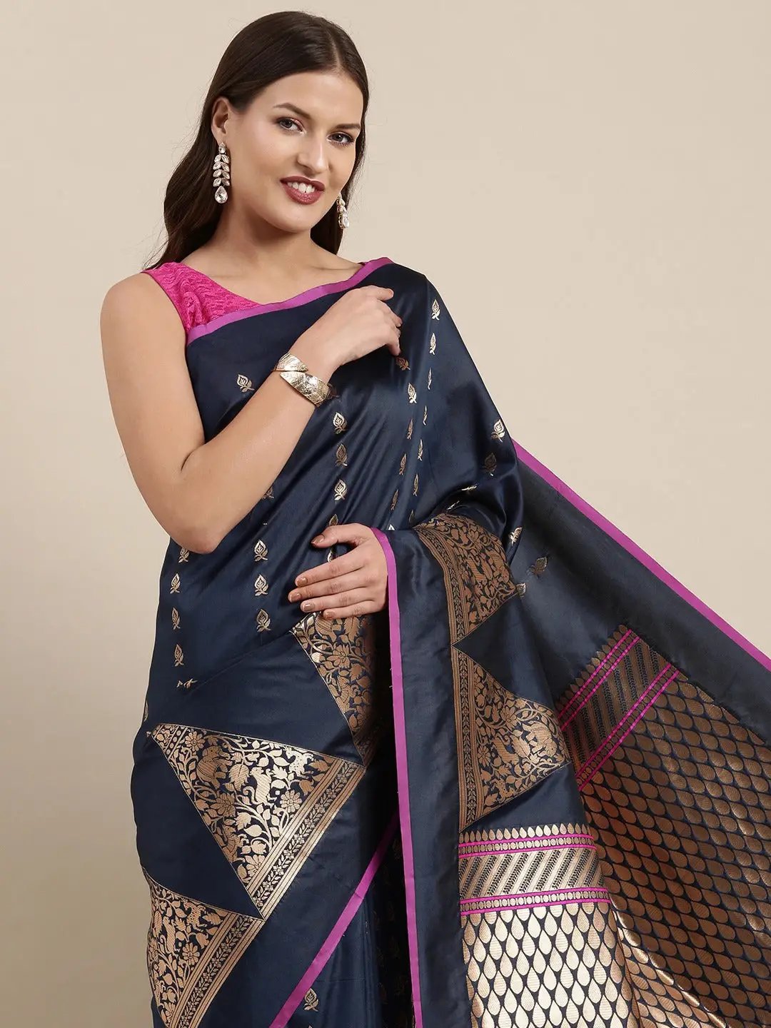 Navy Colour Banarasi Katan Silk Kanchi Zari Weaving Saree by My Store