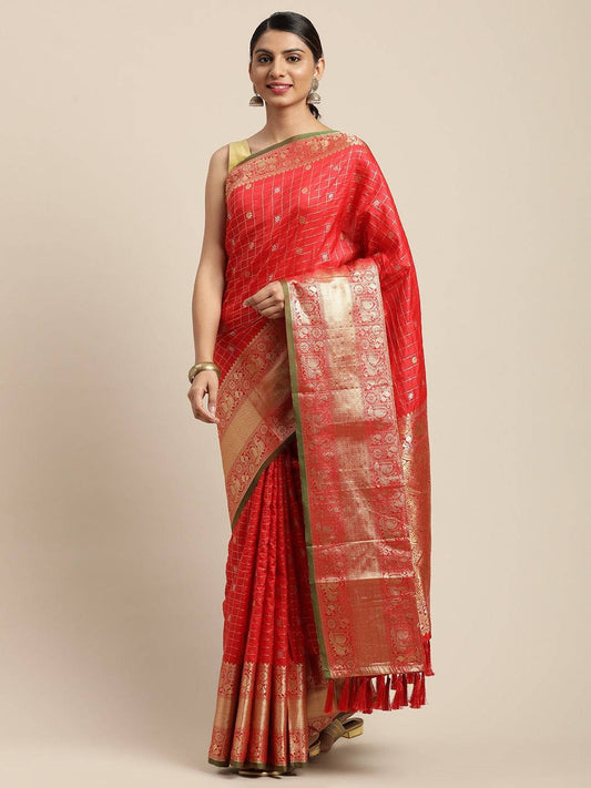 Red Colour Kanjivaaram Soft Silk Kanchi Zari Weaving Saree by My Store