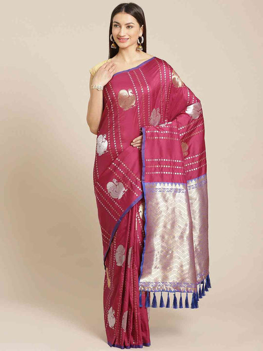 Burgundy Colour Peacock Woven Banarasi Design Saree by My Store