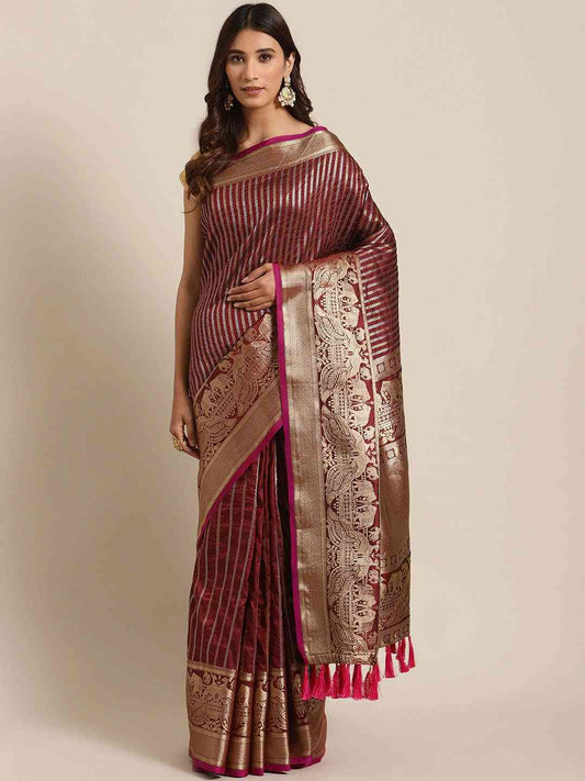 Banarasi Striped Maroon Colour Silk Blend Saree