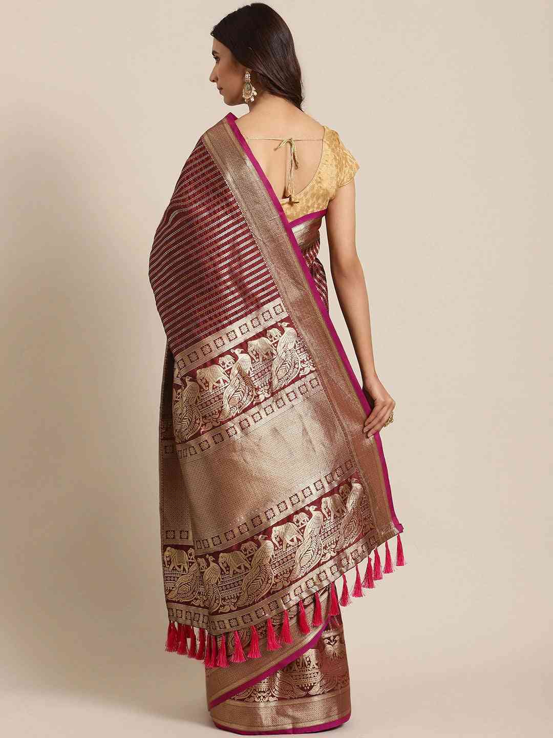 Banarasi Striped Maroon Colour Silk Blend Saree