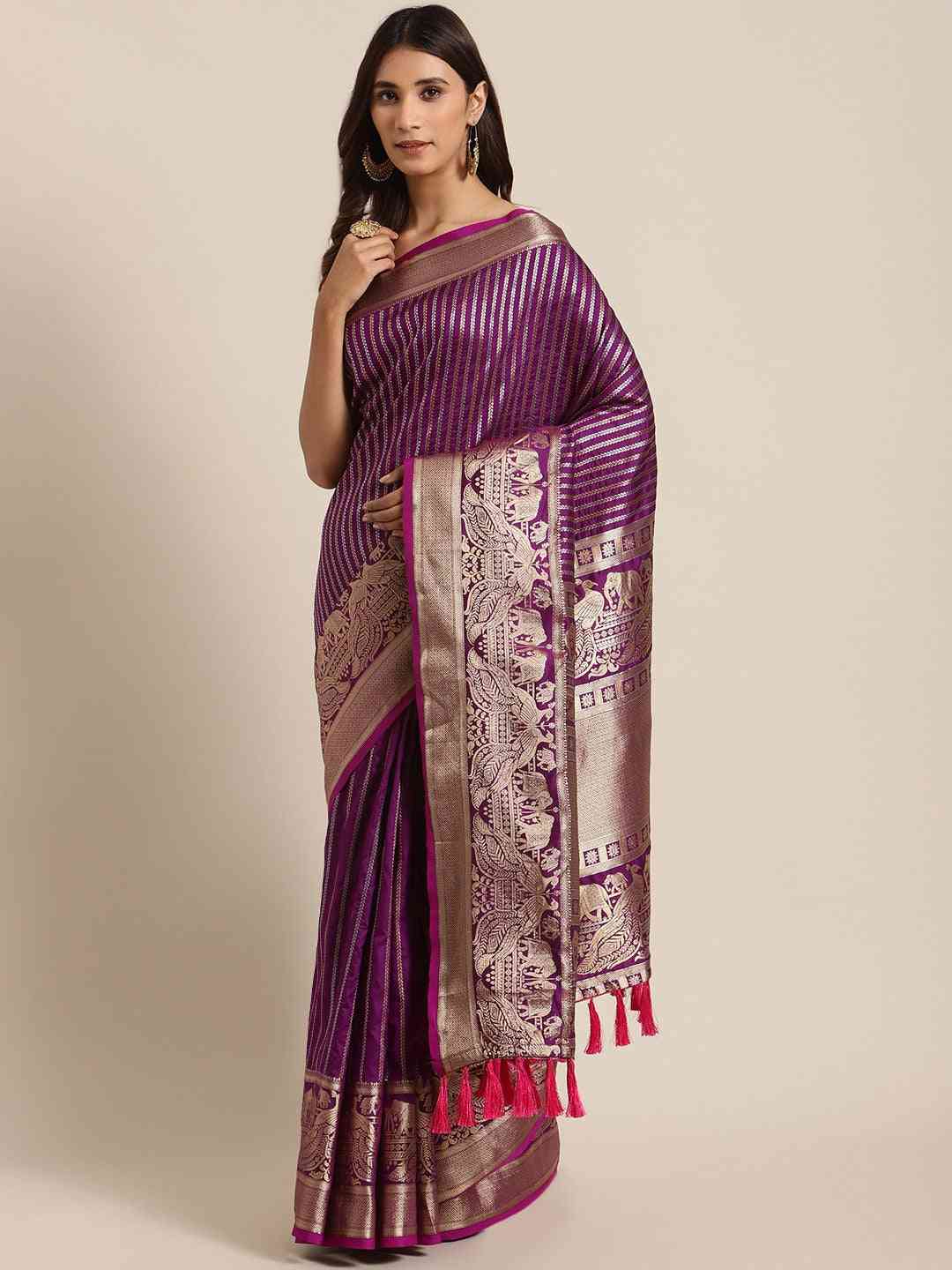 Banarasi Striped Wine Colour Silk Blend Saree by My Store