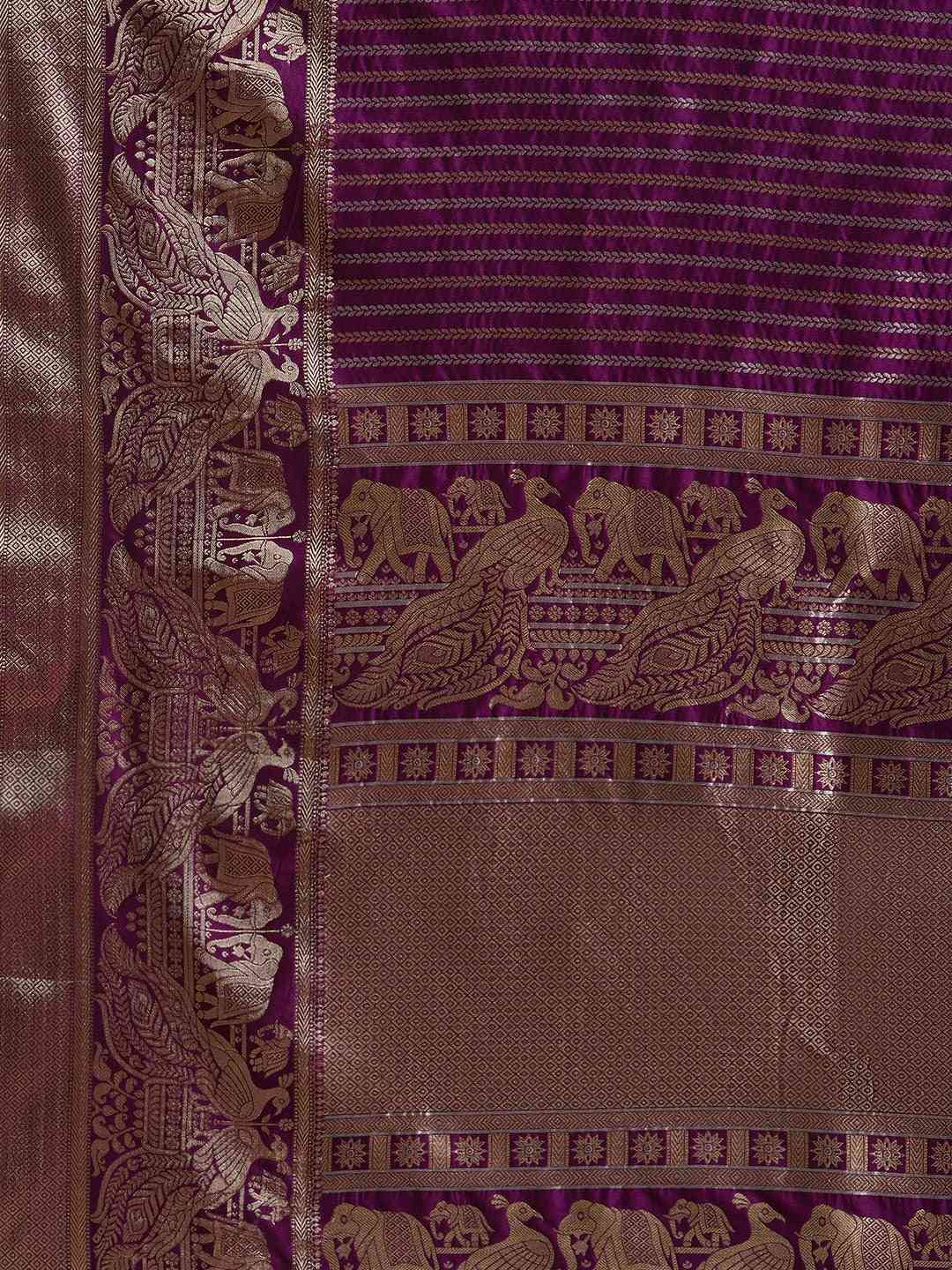 Banarasi Striped Wine Colour Silk Blend Saree by My Store