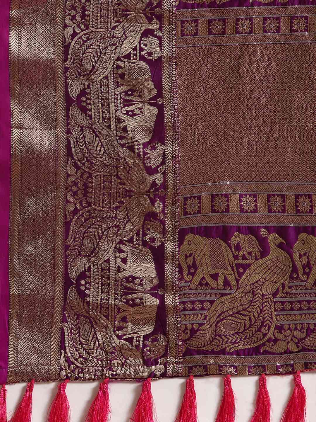 Banarasi Striped Wine Colour Silk Blend Saree by My Store