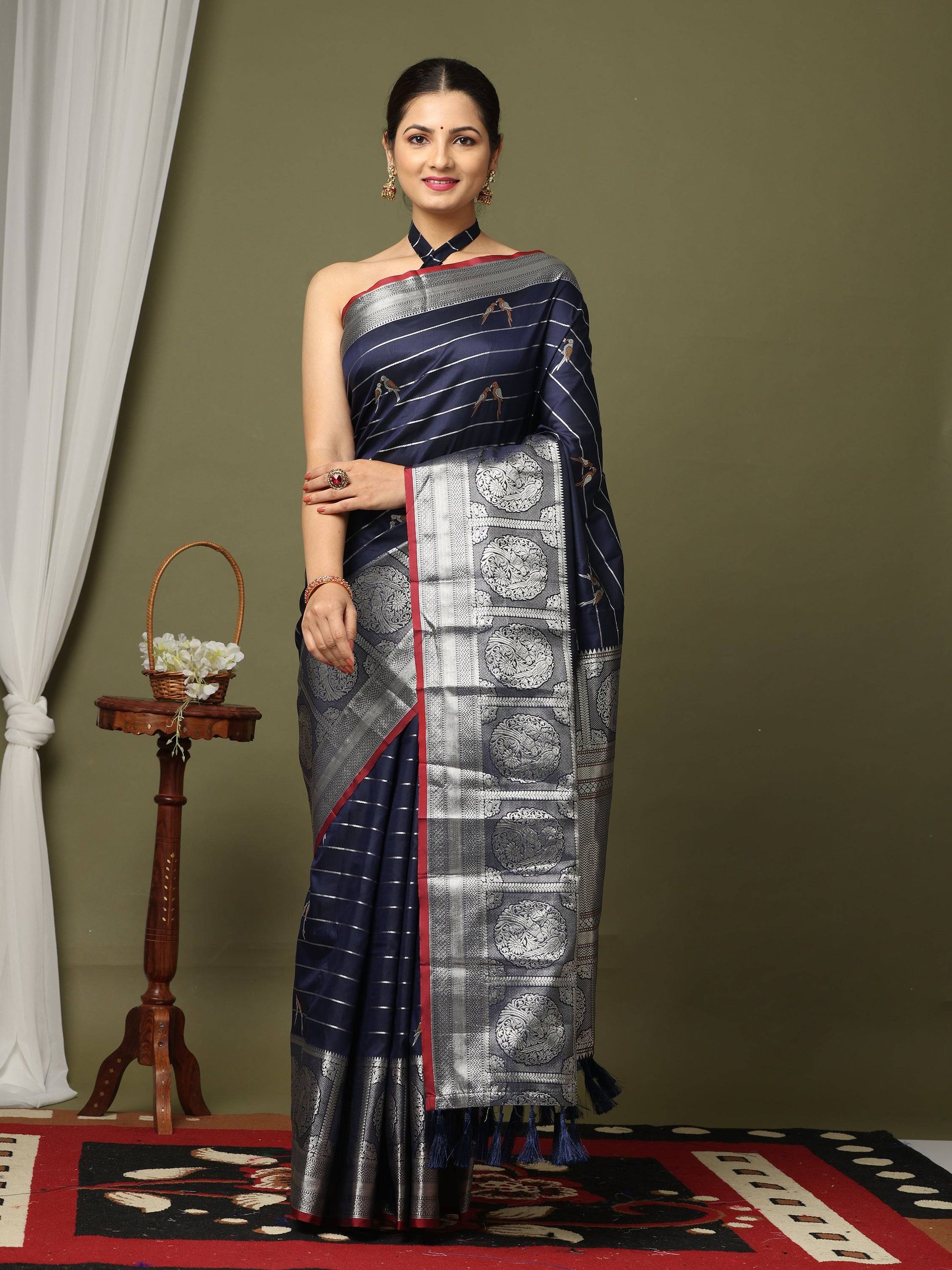 Navy Banarasi Soft Kanchi Zari Weaving Saree by My Store