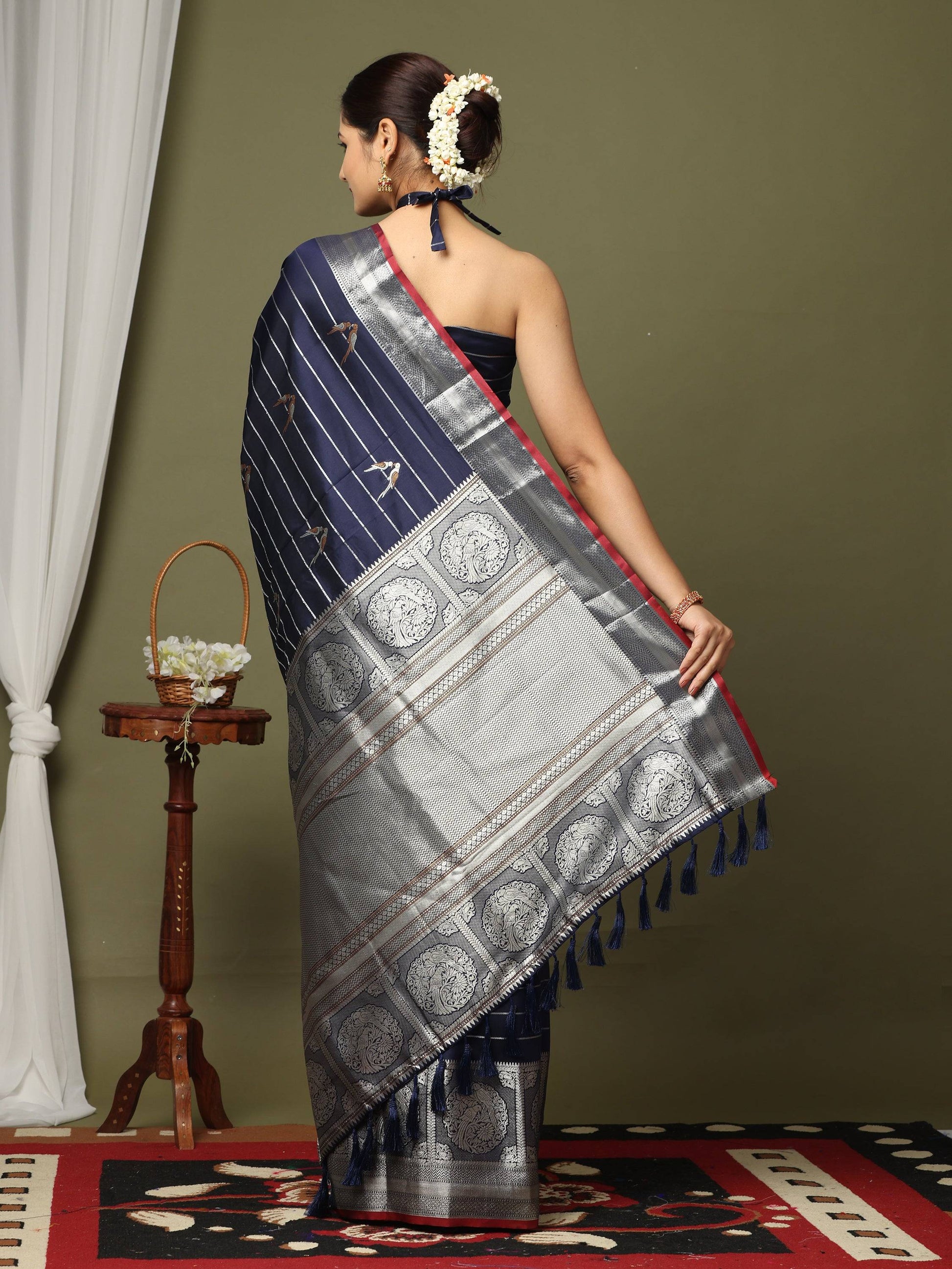Navy Banarasi Soft Kanchi Zari Weaving Saree by My Store