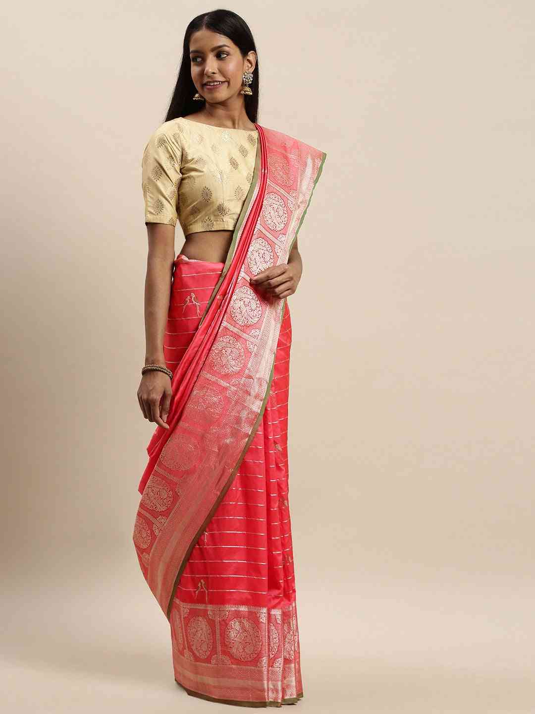 Banarasi Striped Gajari Colour Silk Blend Saree