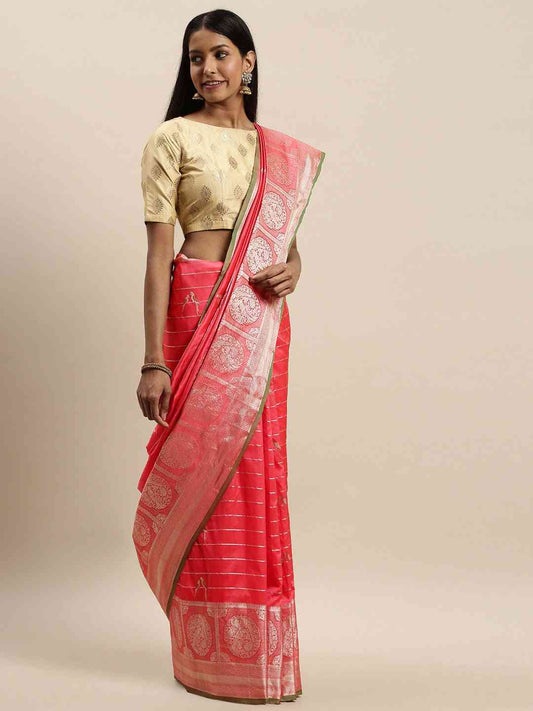 Banarasi Striped Gajari Colour Silk Blend Saree