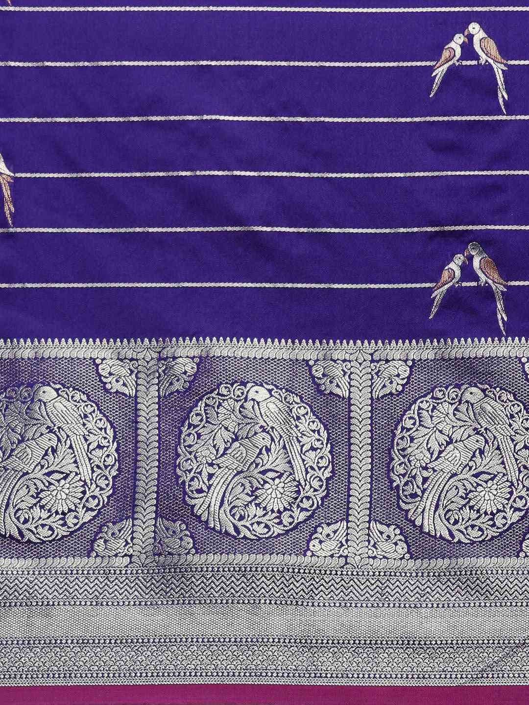 Banarasi Striped Blue Colour Silk Blend Saree by My Store