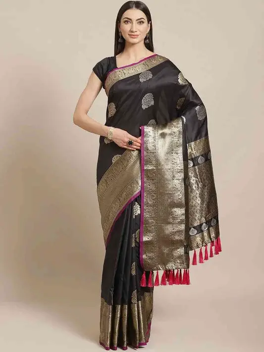Black Colour Kanjivaaram Soft Silk Kanchi Zari Weaving Saree