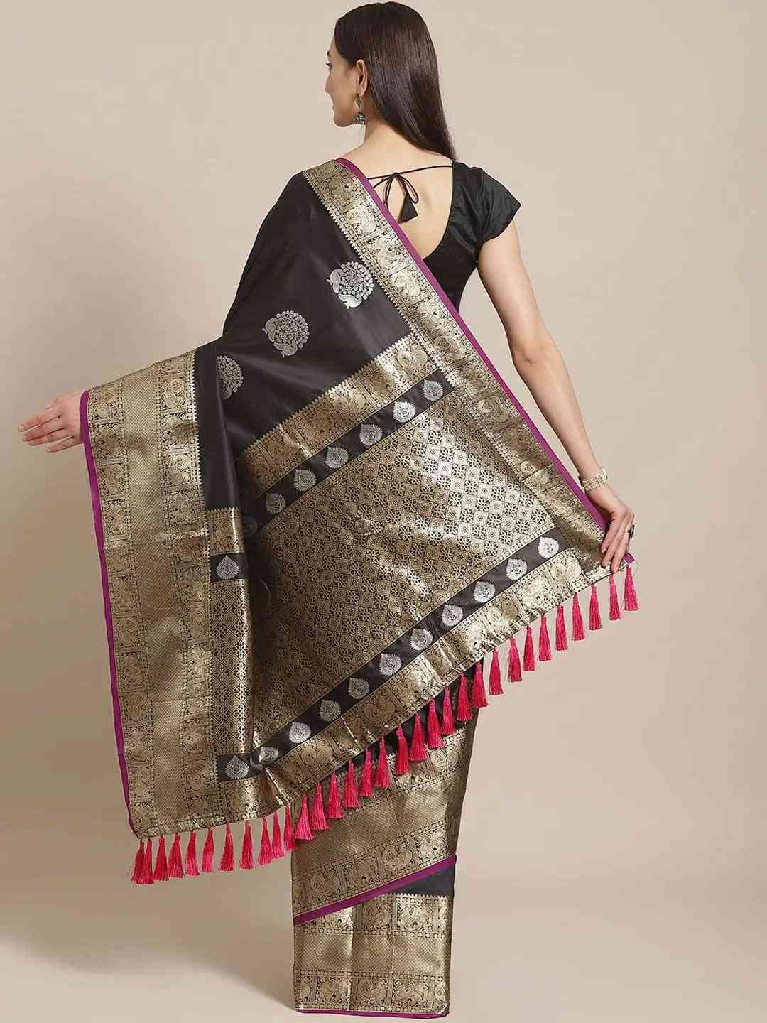 Black Colour Kanjivaaram Soft Silk Kanchi Zari Weaving Saree