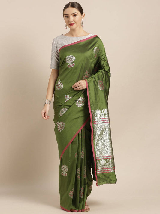 Green Banarasi Soft Silk Kanchi Zari Weaving Saree by My Store