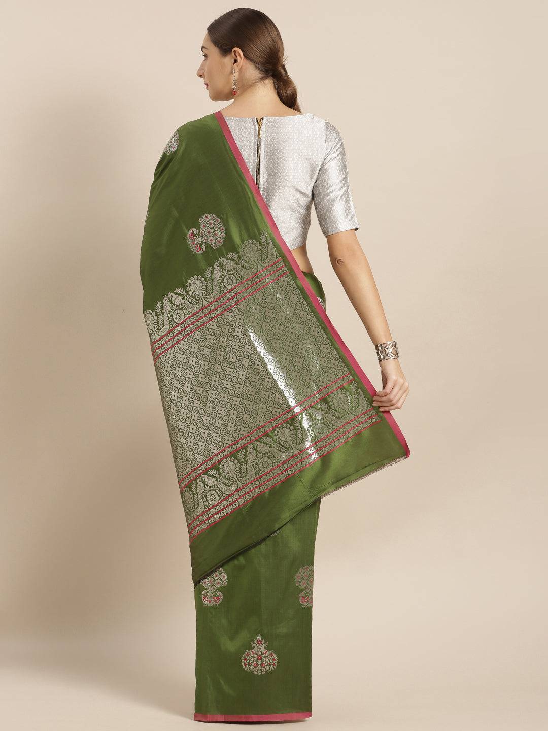 Green Banarasi Soft Silk Kanchi Zari Weaving Saree by My Store
