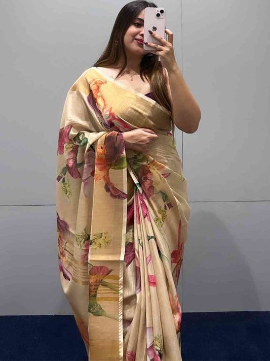 Floral Elegance Exclusive Pure Linen Saree by My Store