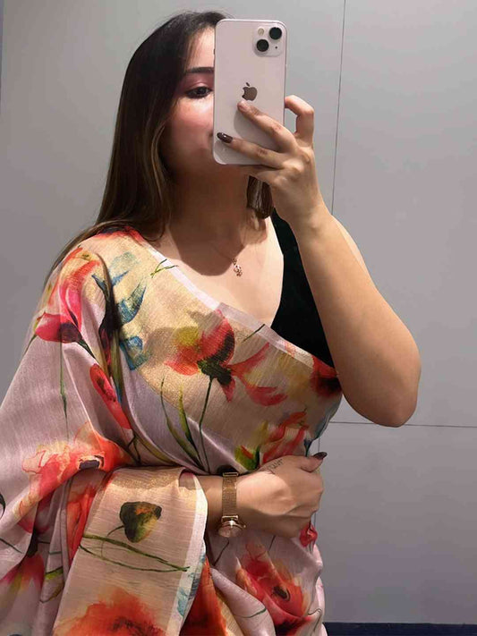 Floral Elegance Exclusive Pure Linen Saree by My Store