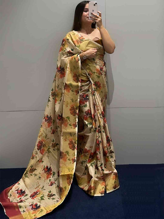 Floral Elegance Exclusive Pure Linen Saree by My Store