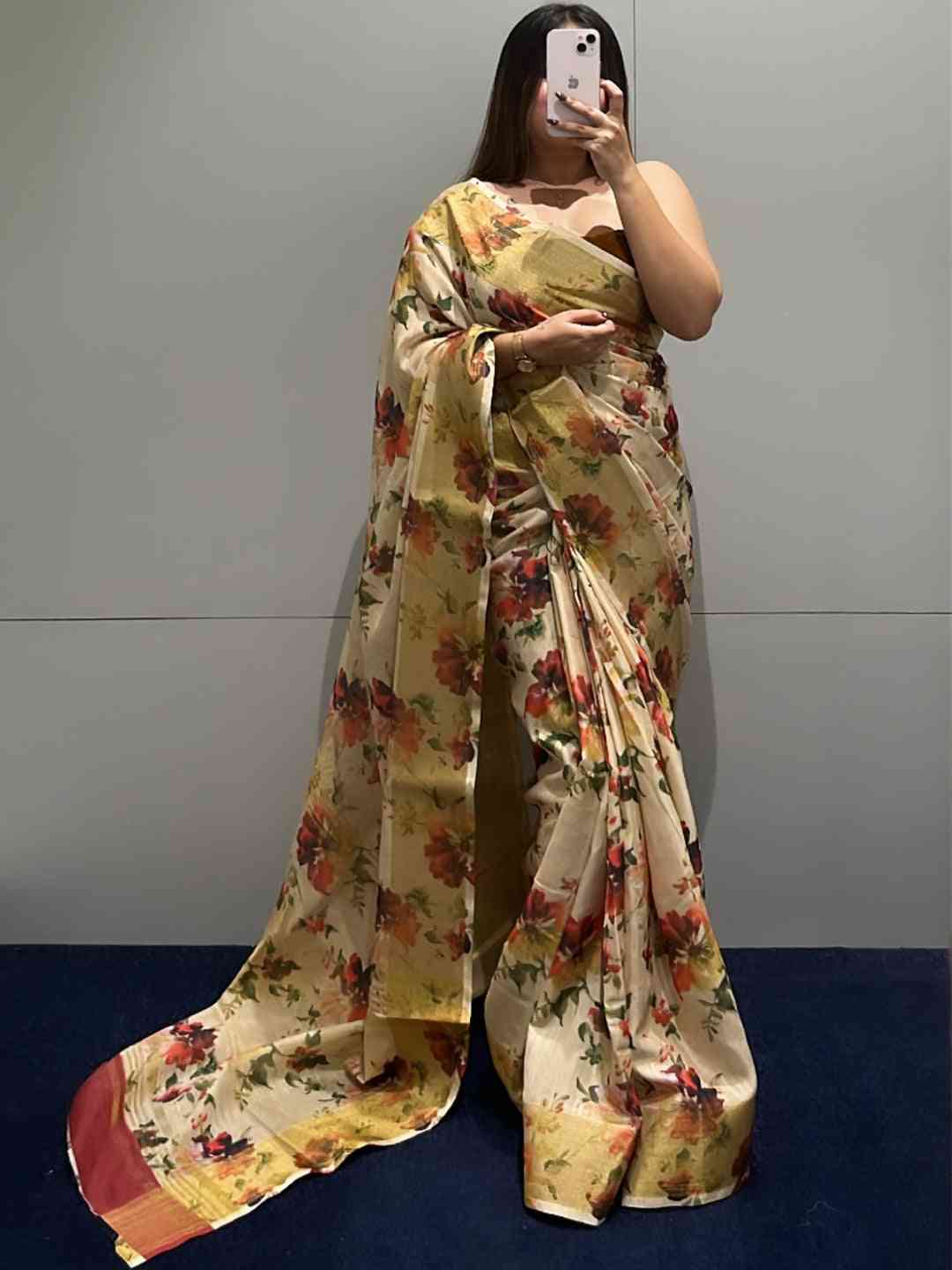 Floral Elegance Exclusive Pure Linen Saree by My Store