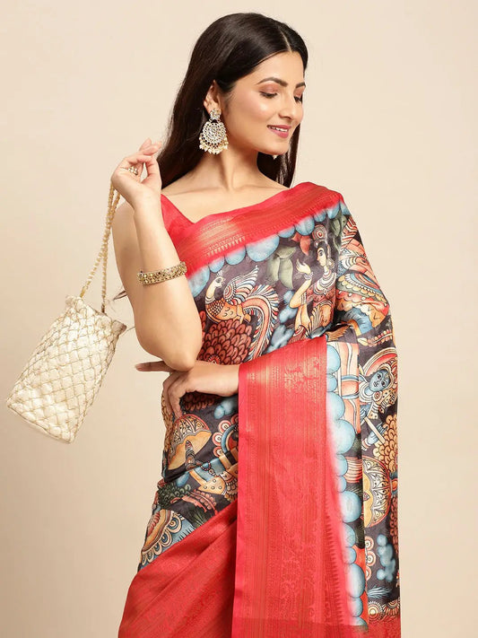 Exquisite Grey Colour Kalamkari Pattu Banarasi Silk Saree by My Store