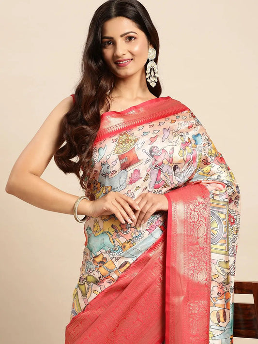 Exquisite Red Colour Kalamkari Pattu Banarasi Silk Saree by My Store