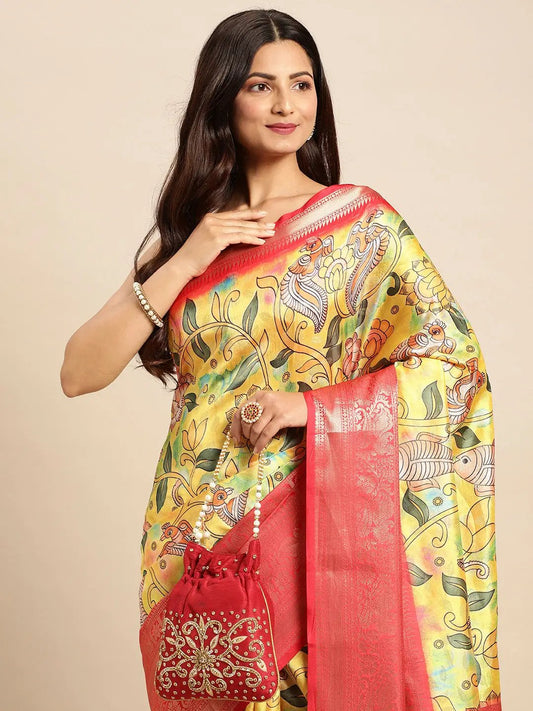 Exquisite Yellow Colour Kalamkari Pattu Banarasi Silk Saree by My Store