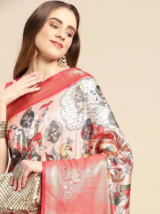 Exquisite Pink Colour Kalamkari Pattu Banarasi Silk Saree by My Store
