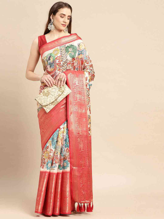 Exquisite Red Colour Kalamkari Pattu Banarasi Silk Saree by My Store