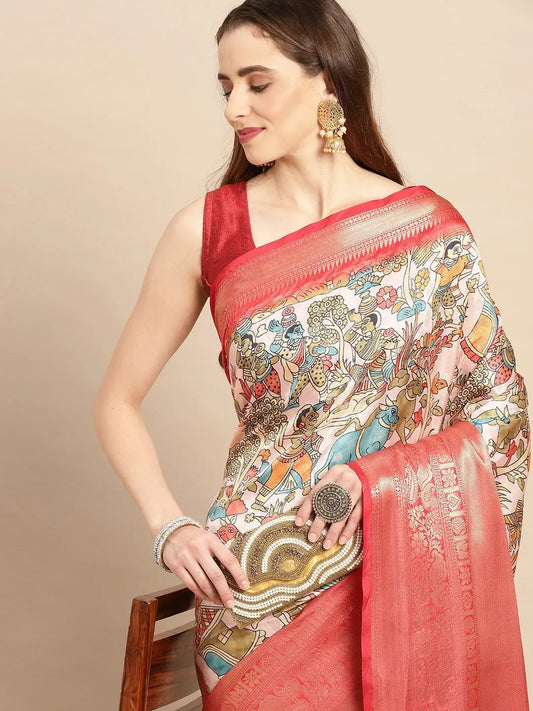 Kalamkari Zari Silk Blend Banarasi Saree in Peach Colour by My Store
