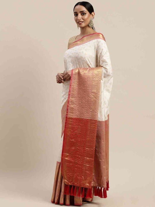 White Colour Banarasi Kanchi Zari Weaving Pattu Saree