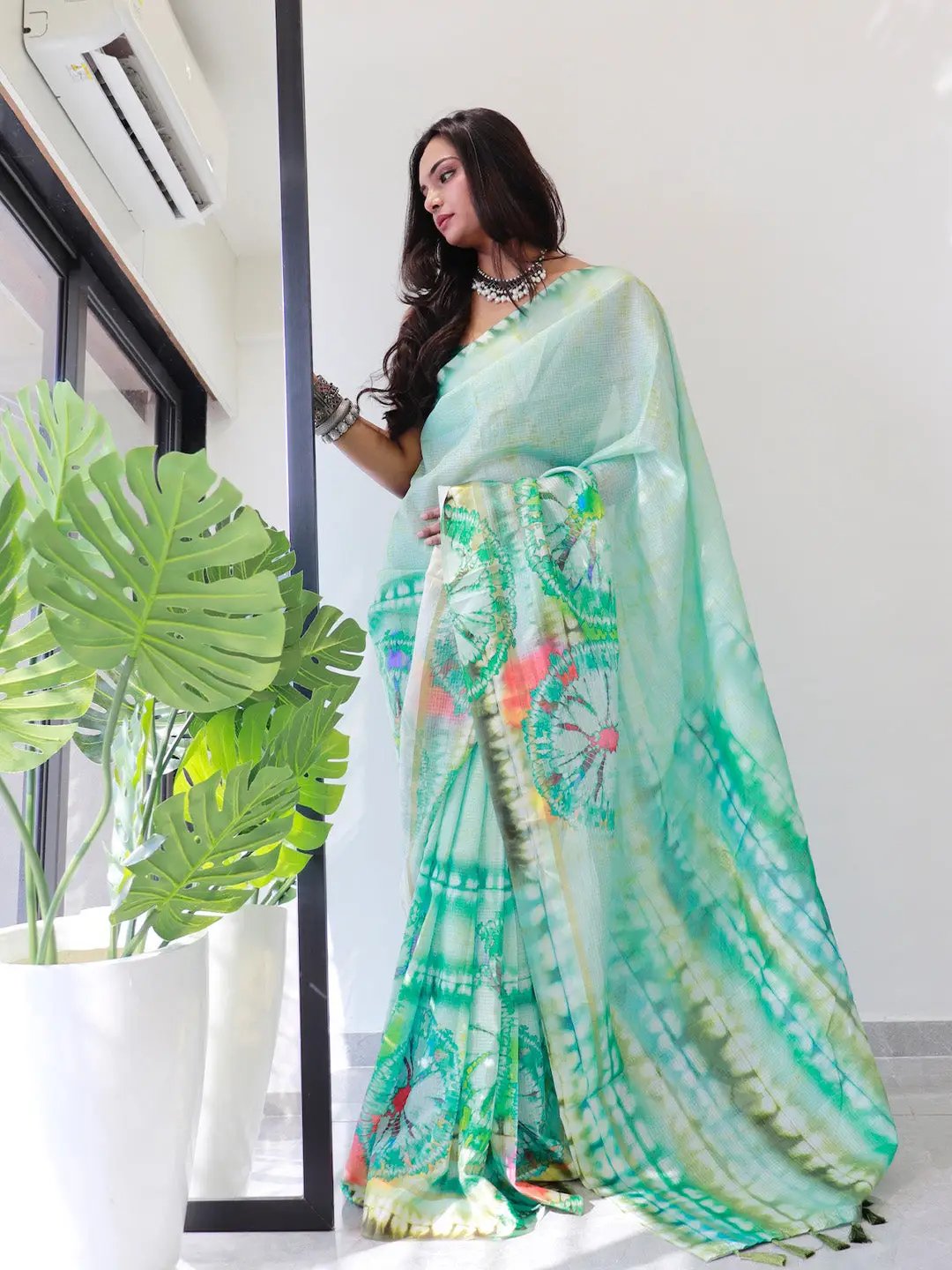 Tie dye Digital printed Satin Kota Doriya Designer Saree in Sea Green Colour