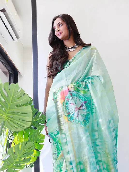 Tie dye Digital printed Satin Kota Doriya Designer Saree in Sea Green Colour