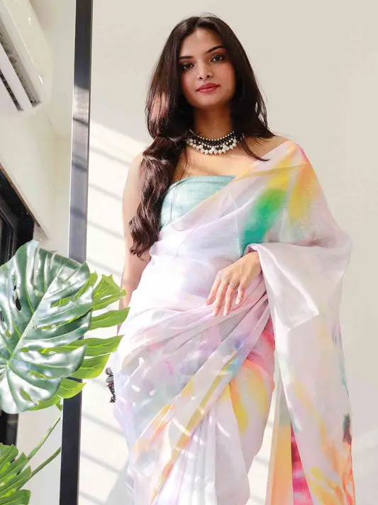 Tie dye Digital printed Satin Kota Doria Designer Party Wear Saree