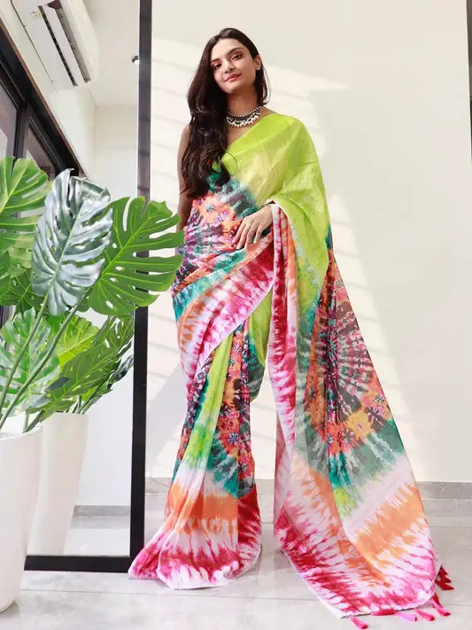 Tie dye Digital printed Satin Kota Doriya Designer Party Wear Saree in Lime Colour
