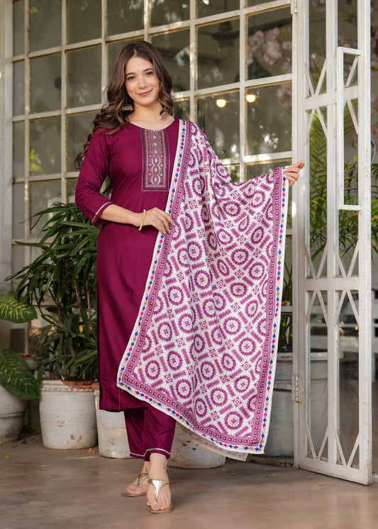 Rayon Embroidered Maroon Kurta Set