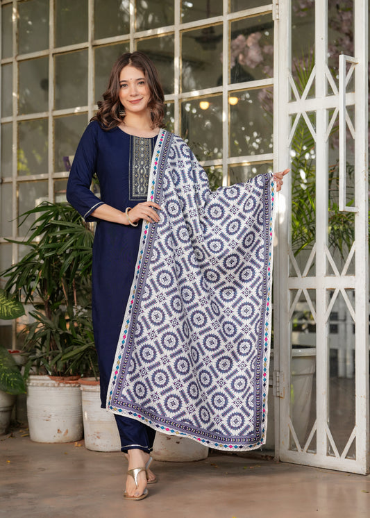 Rayon Embroidered Navy Blue Kurta Set
