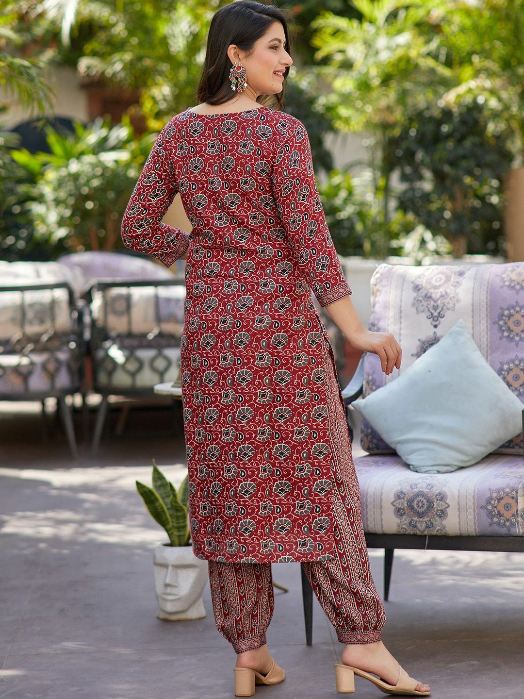 Stylish Maroon Printed Cotton Kurta Set with Dupatta