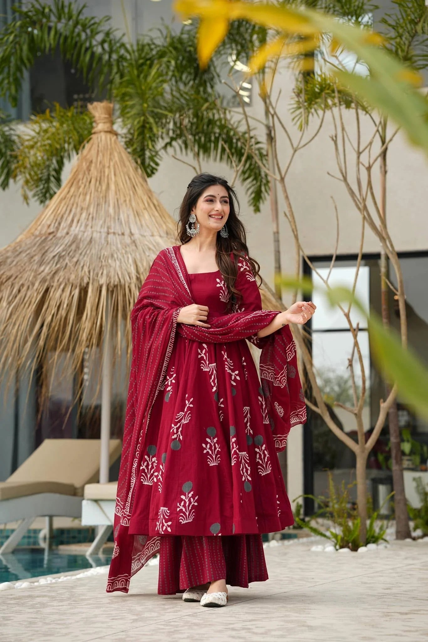 Maroon Angrakha Bandhej Suit Set