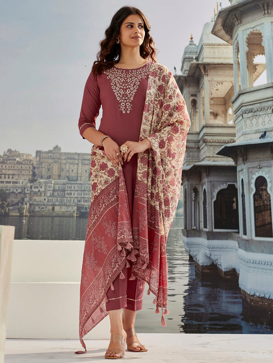 Casual Wear Cotton Silk Brown Kurta Set