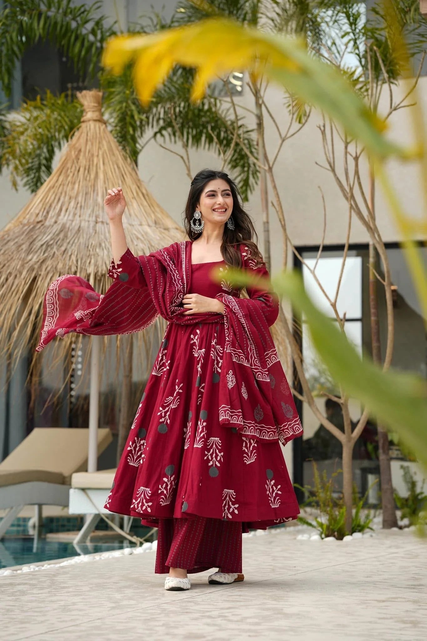 Maroon Angrakha Bandhej Suit Set