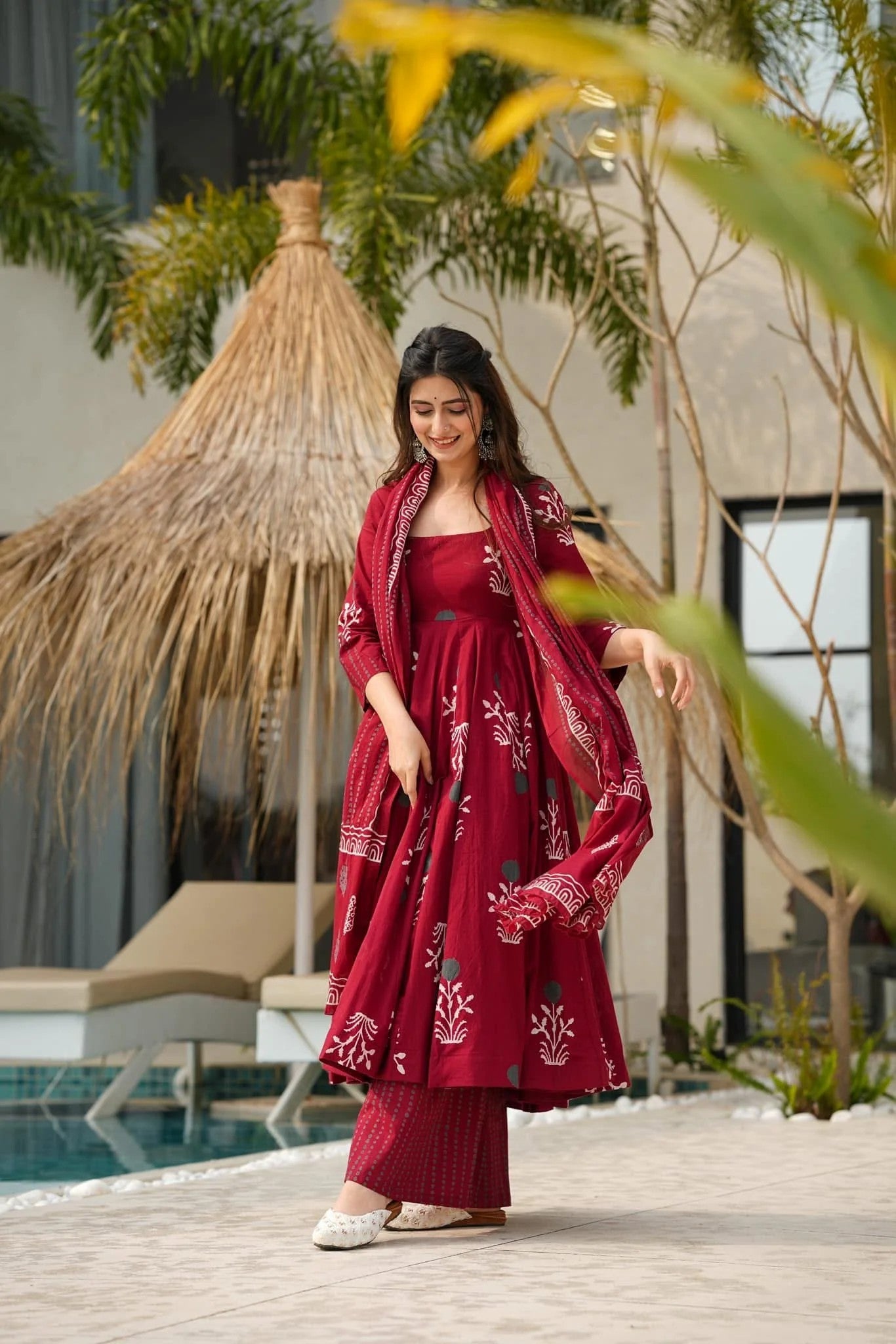 Maroon Angrakha Bandhej Suit Set