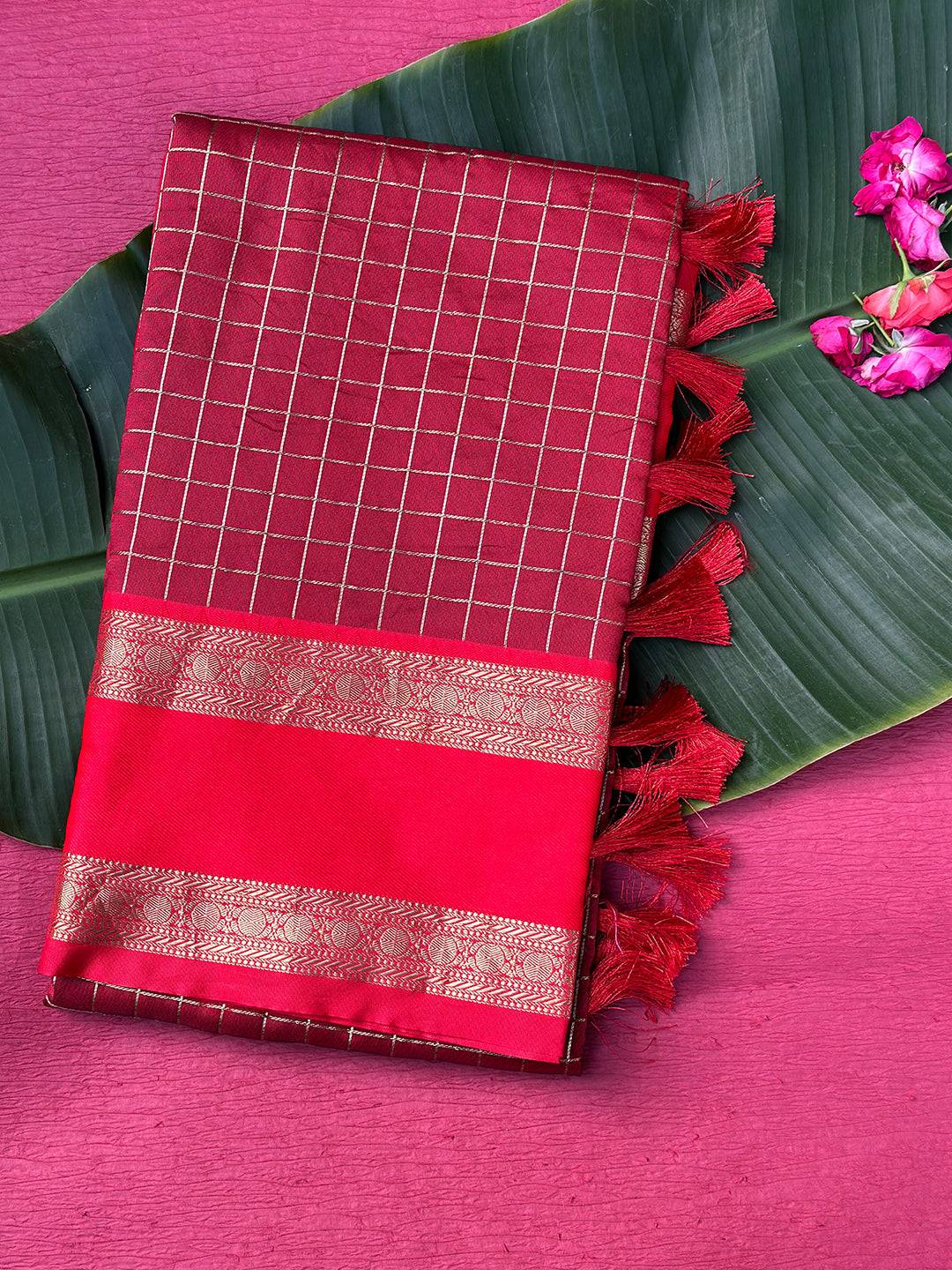 Maroon Silk Woven Kanchi Banarasi Saree by My Store