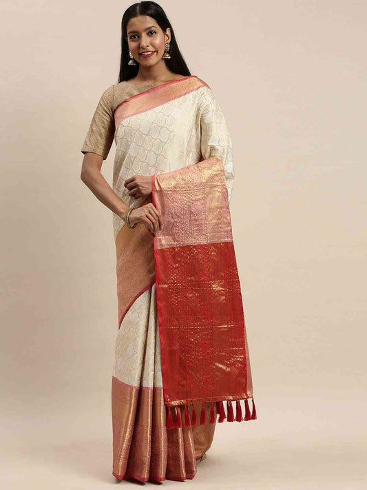 Soft Silk White Colour Kanjivaaram Traditional Wear Saree by My Store