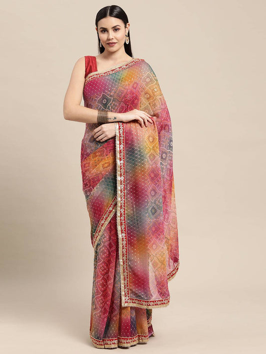 Poly Georgette Bandhani Saree With Sequence Work Border by My Store
