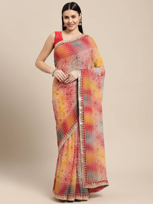 Poly Georgette Bandhani Saree With Sequence Work Border by My Store