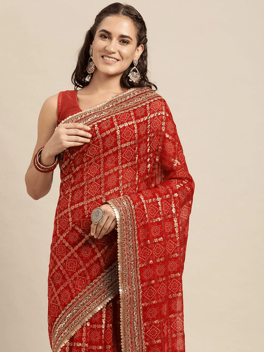 Poly Chiffon Bandhej & Foil Print Festive Wear Saree by My Store