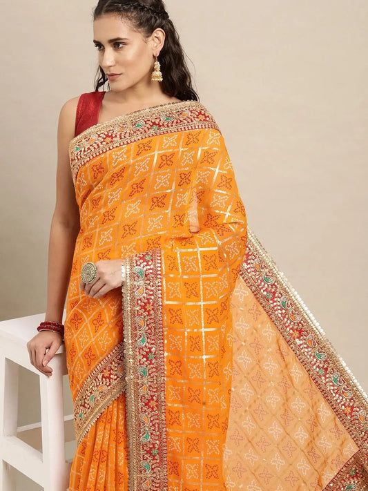 Poly Chiffon Foil With Bandhej Print Festive Wear Saree by My Store