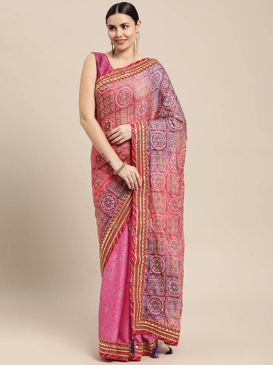 Purple Bandhani Print Silk Saree With Gota Patti Border by My Store